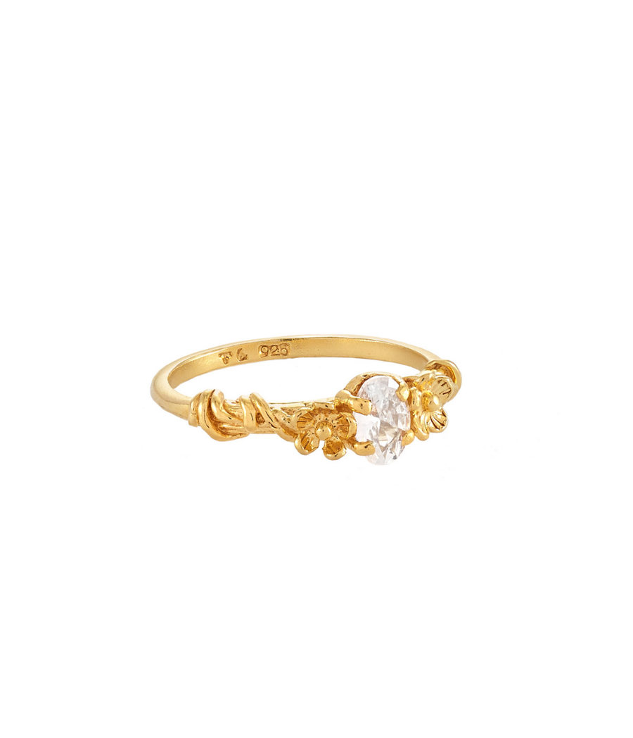 Flower Oval Brilliant Solitare Garden Ring Gold Dip